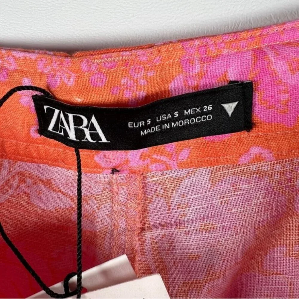 NWT ZARA LINEN Blend Trousers‎ High Rise Straight Floral Pants 8042/010 Sz S